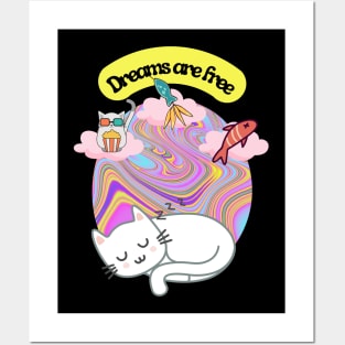 White cat dreaming of food and fun in a psychedelic world Posters and Art